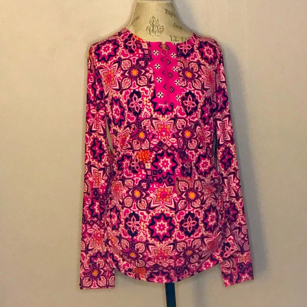 NEW AmberNoon II UPF 50 Half-Zip Swim top Rash Guard pink print long sleeve sz M